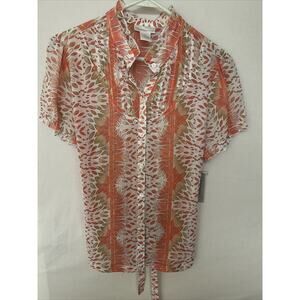Worthington Women's Sheer Ruffle Coral Petal Stripe Blouse Tieback Size 14 NWT